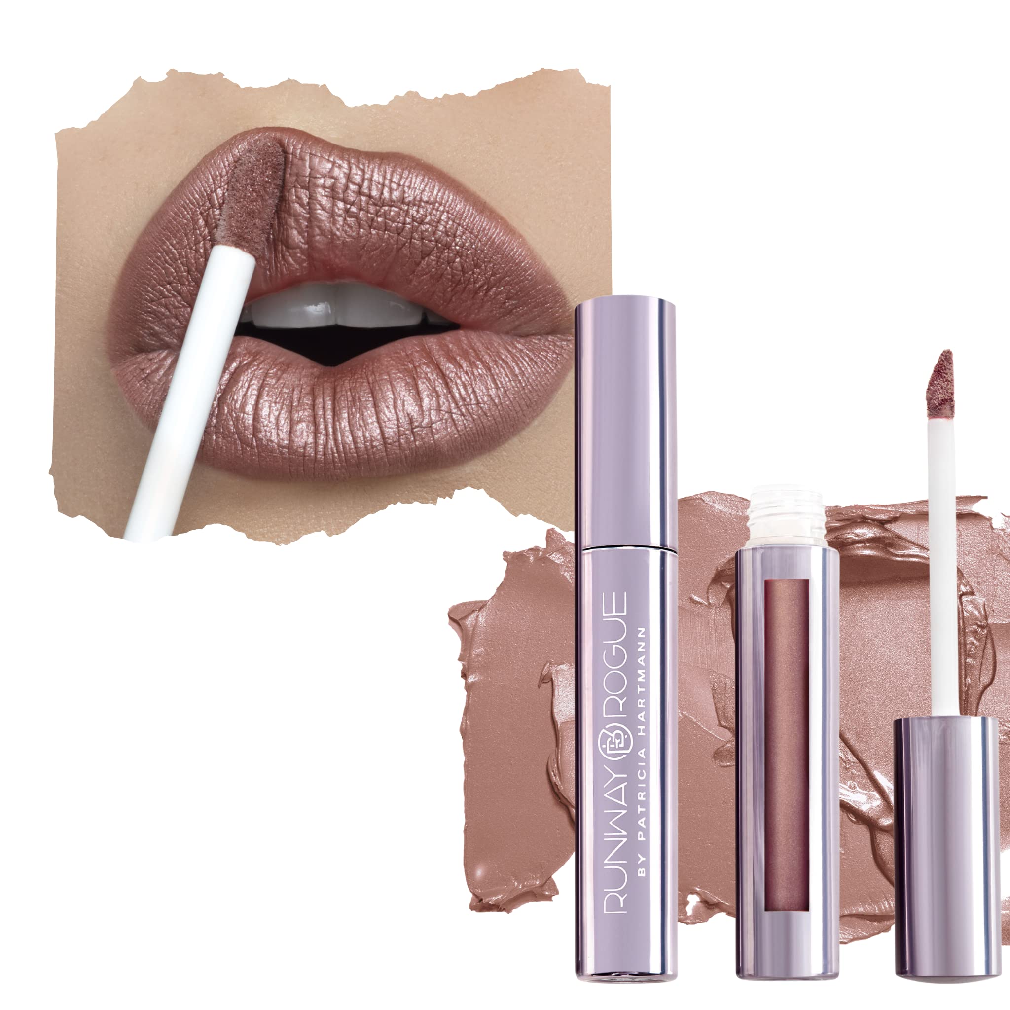 Runway Rogue Pearl Glam lip swatch shows frosted pink-nude with silver and gold shimmer.
