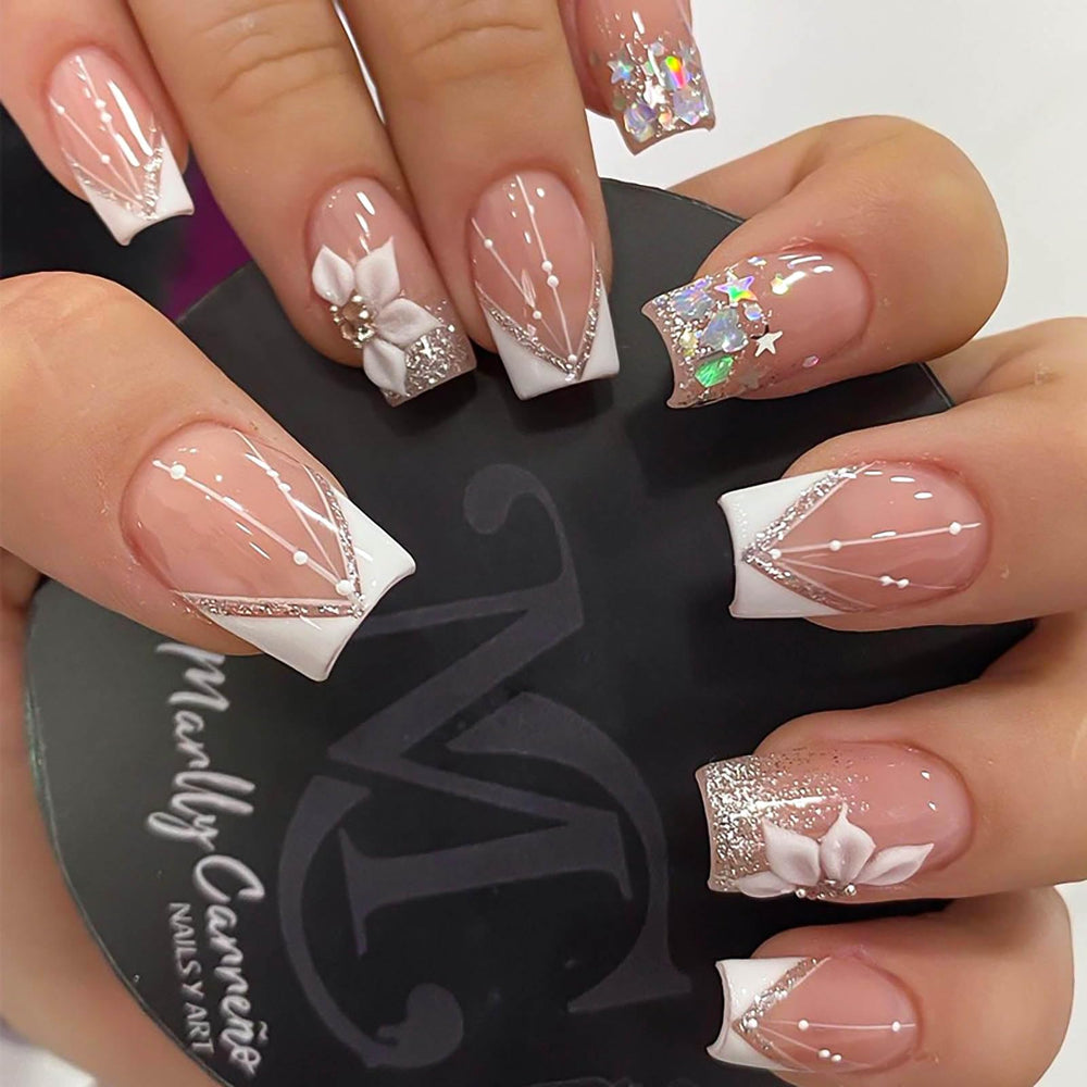 RUOKEXIN square press-on nails white French tip glitter package for quick at-home manicures