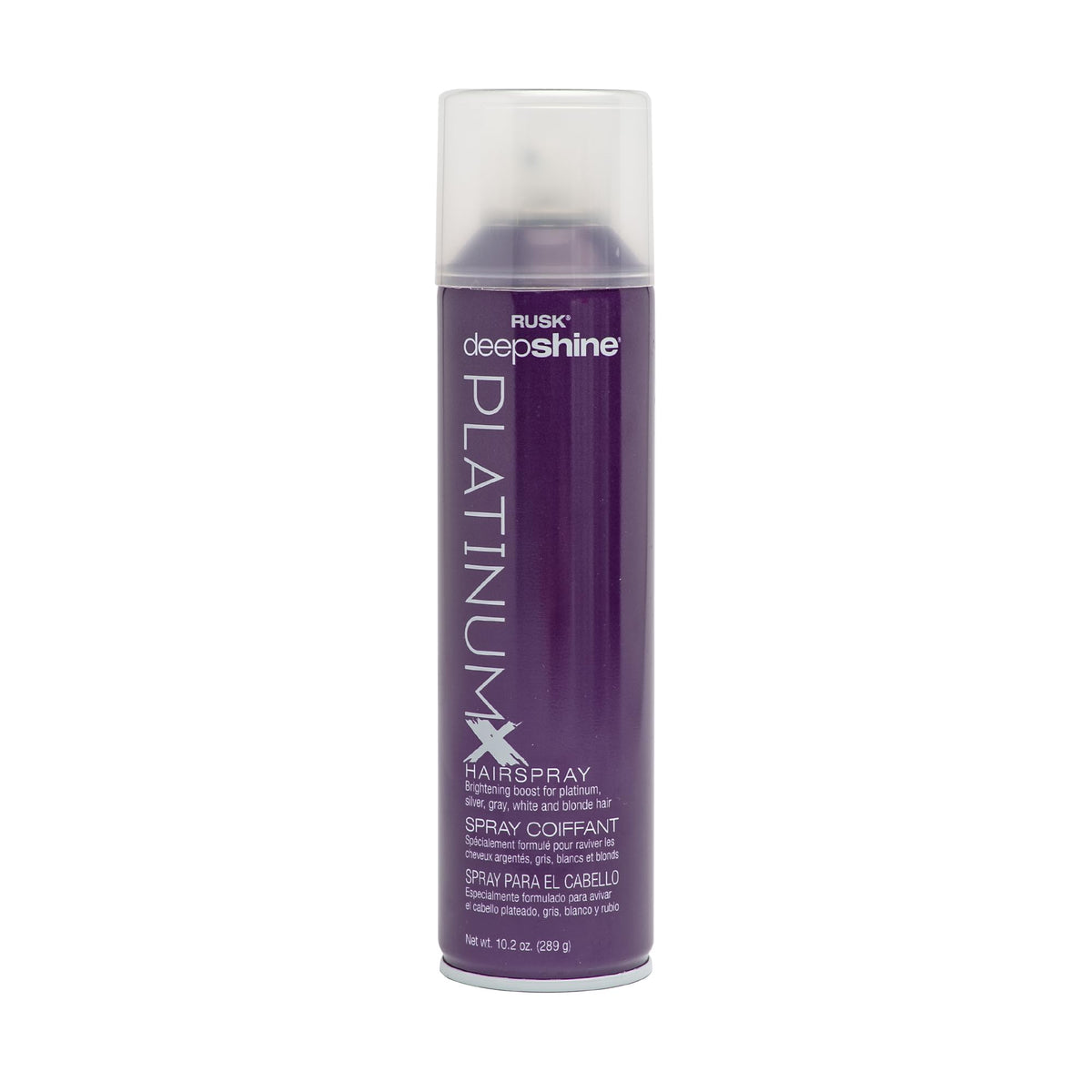 RUSK Deepshine PlatinumX hairspray bottle provides fast-drying finish and humidity resistance.