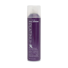 RUSK Deepshine PlatinumX hairspray bottle provides fast-drying finish and humidity resistance.