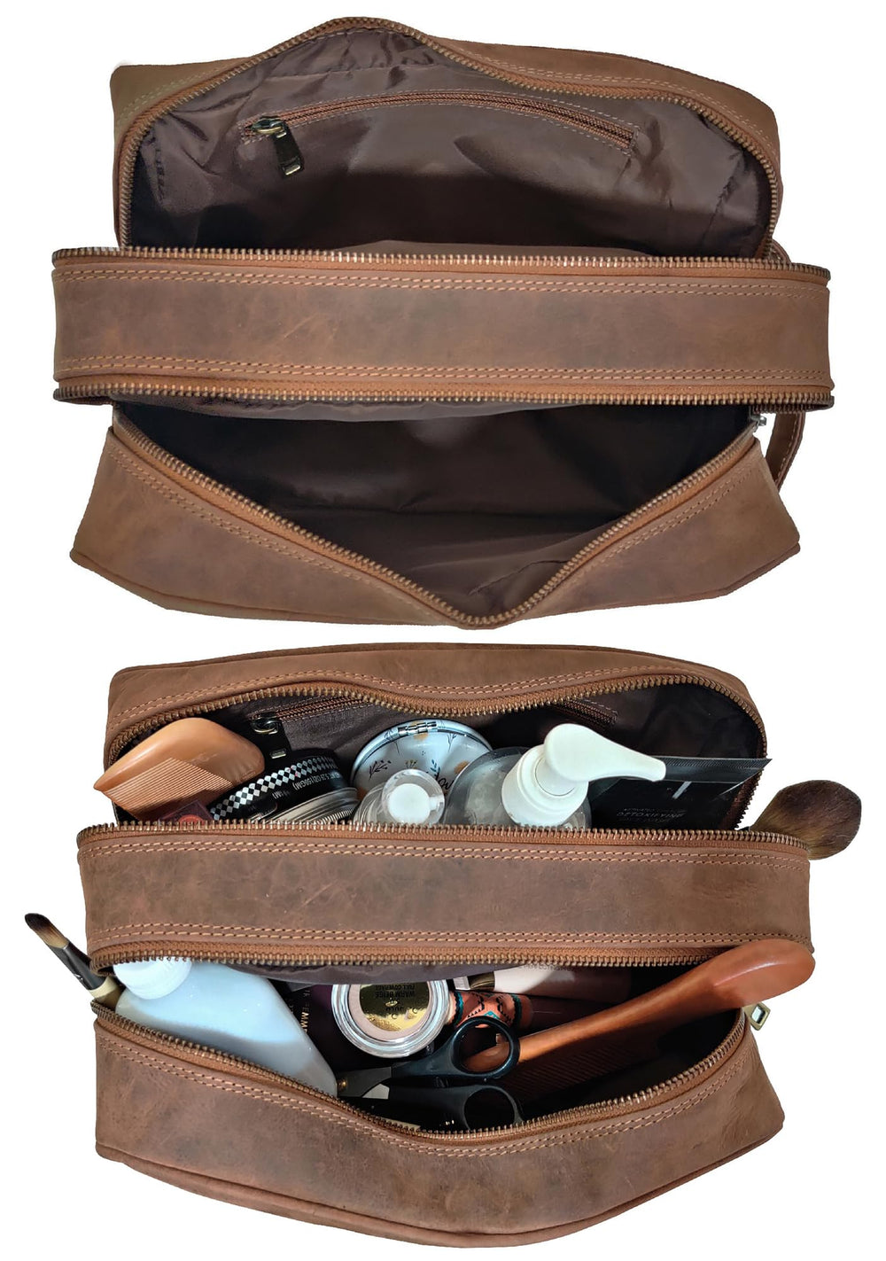 RUSTIC TOWN brown leather travel makeup organizer closeup shows sturdy stitching