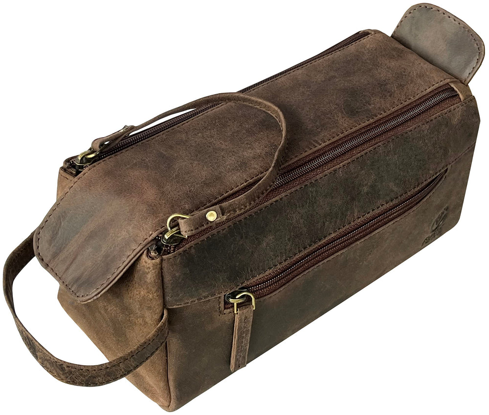 Rustic Town Buffalo Leather Toiletry Bag front view shows vintage craftsmanship and compact travel size.