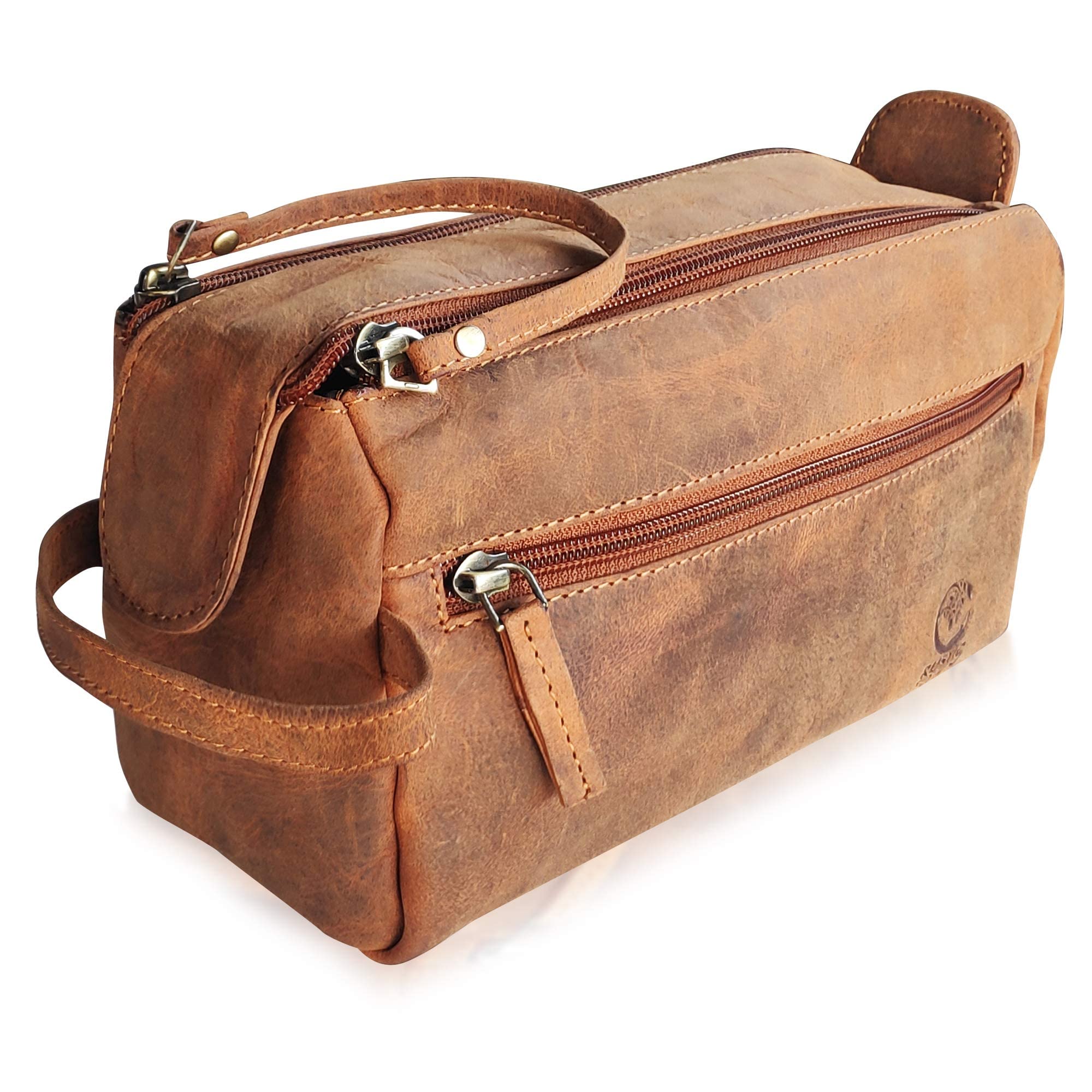 Rustic Town buffalo leather toiletry bag front view shows premium craftsmanship