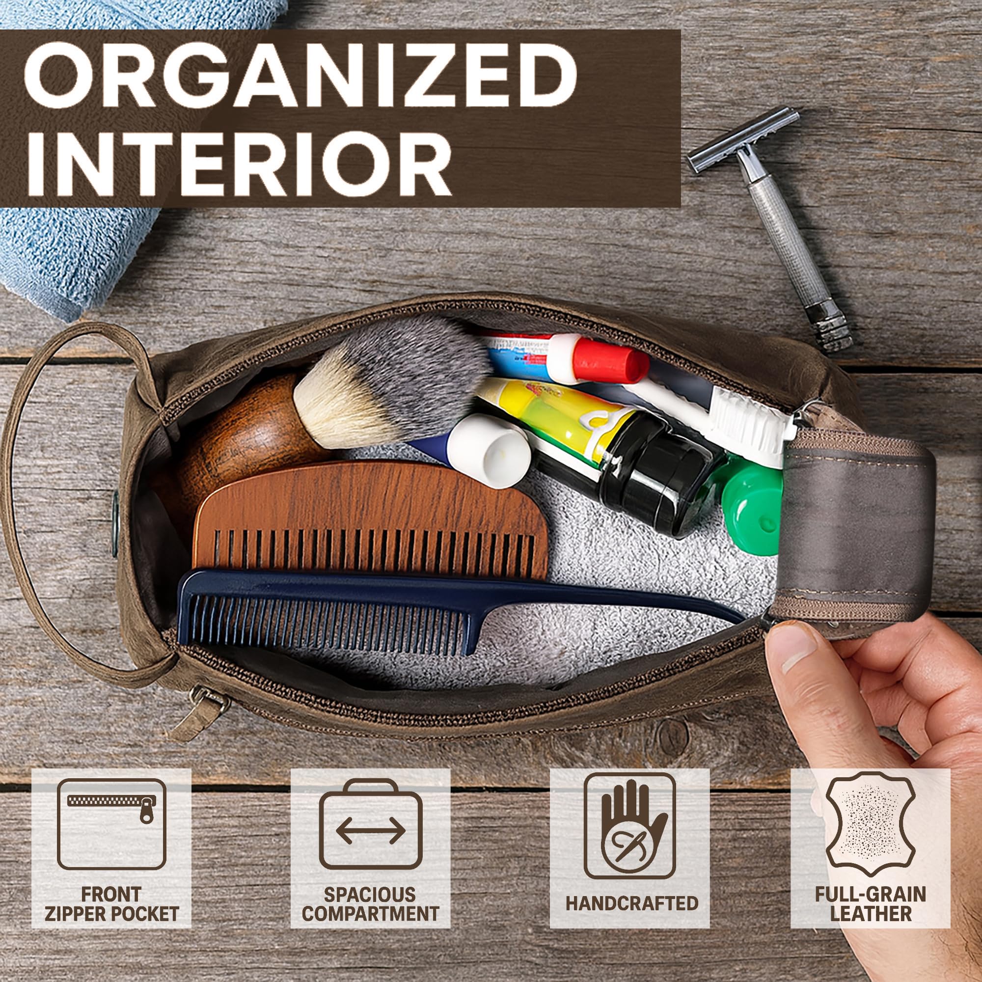 Rustic Town Buffalo Leather Toiletry Bag full interior enables efficient packing for trips.