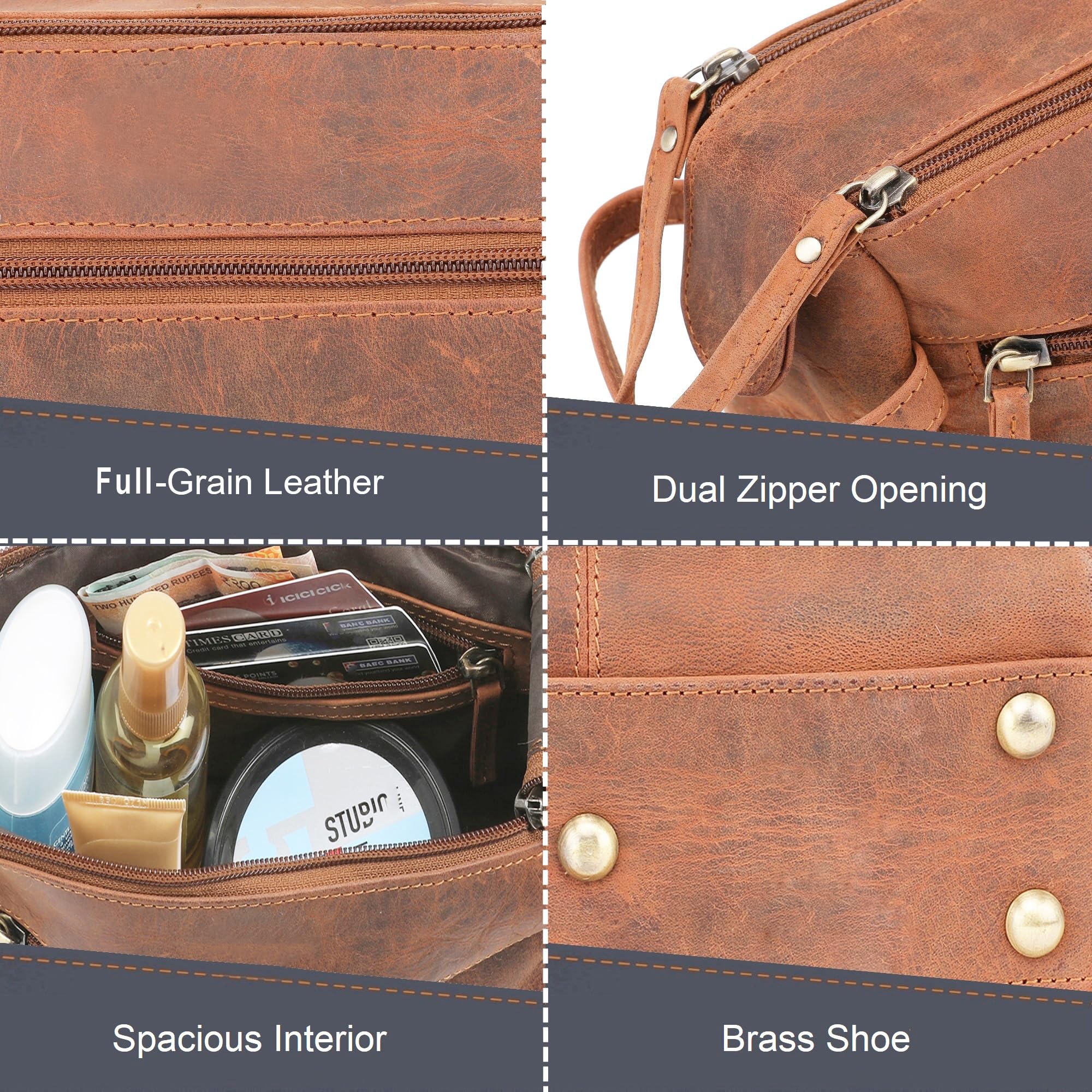 Rustic Town buffalo leather toiletry bag interior compartments for organized essentials