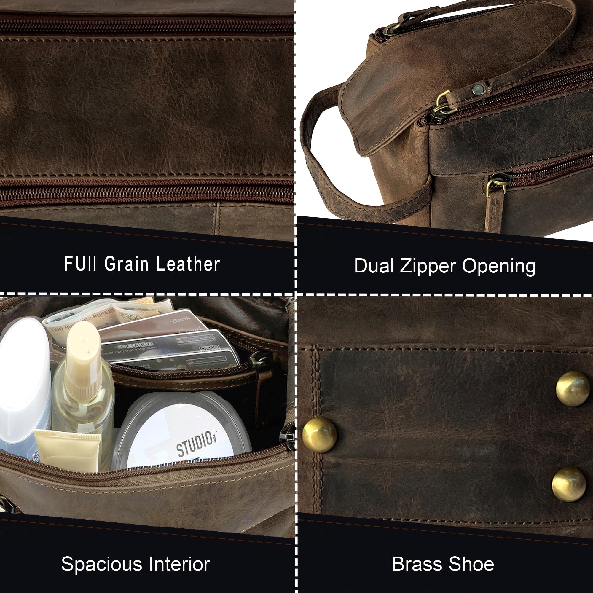Rustic Town Buffalo Leather Toiletry Bag open compartments reveal easy access to cosmetics.
