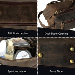 Rustic Town Buffalo Leather Toiletry Bag open compartments reveal easy access to cosmetics.