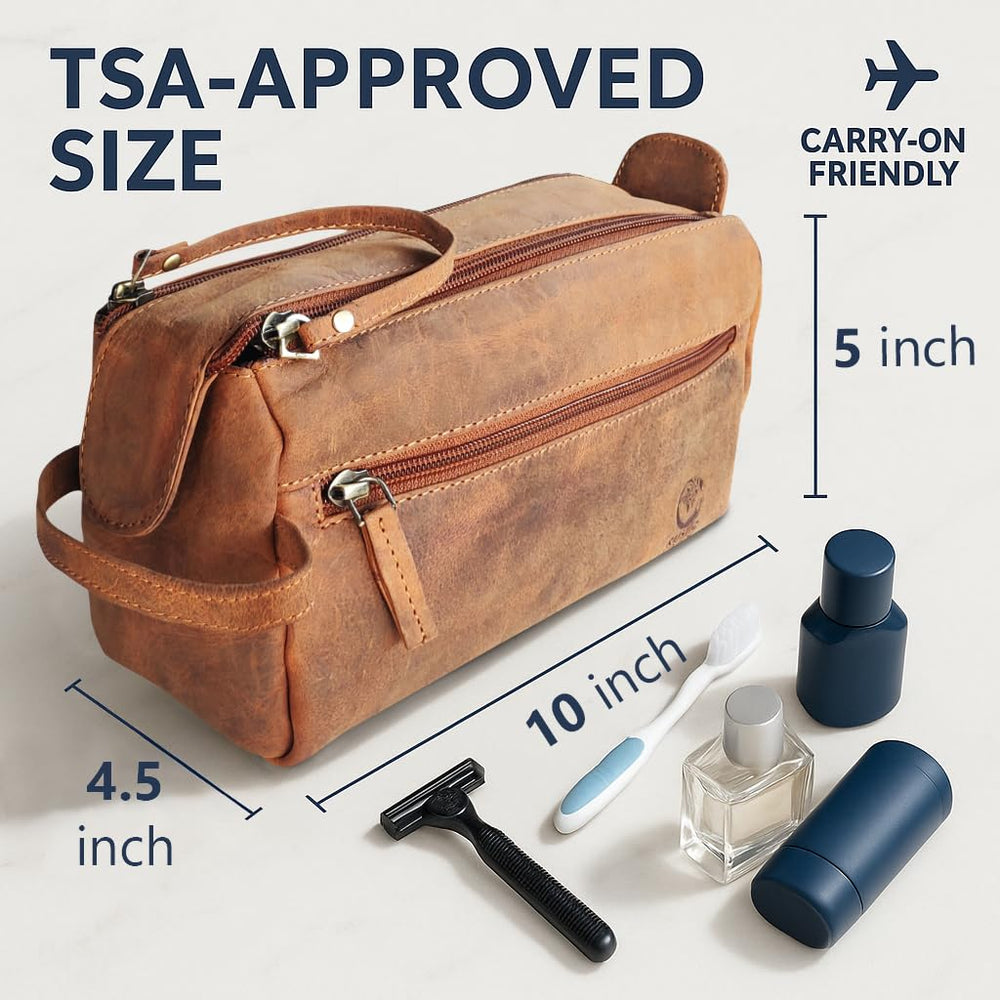 Rustic Town buffalo leather toiletry bag with side handle for easy travel