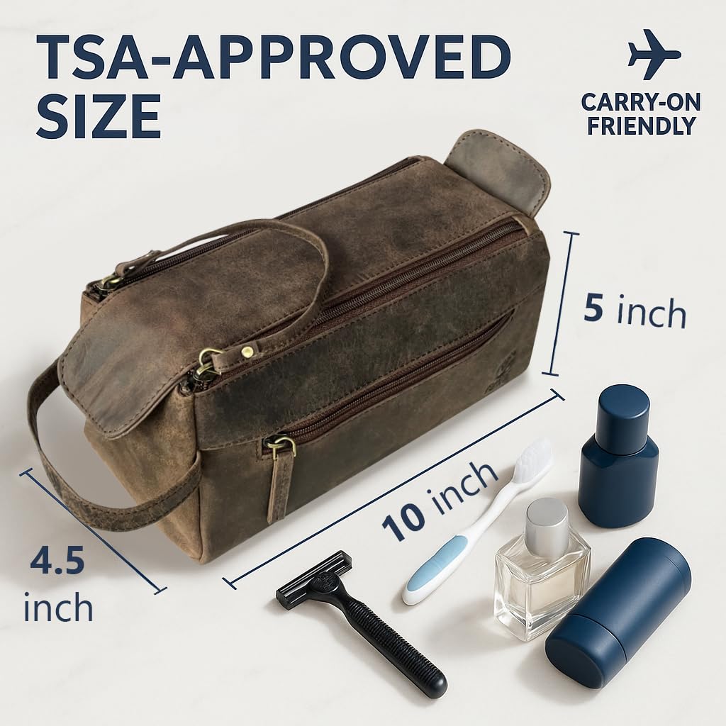 Rustic Town Buffalo Leather Toiletry Bag side pocket provides organized storage for grooming essentials.