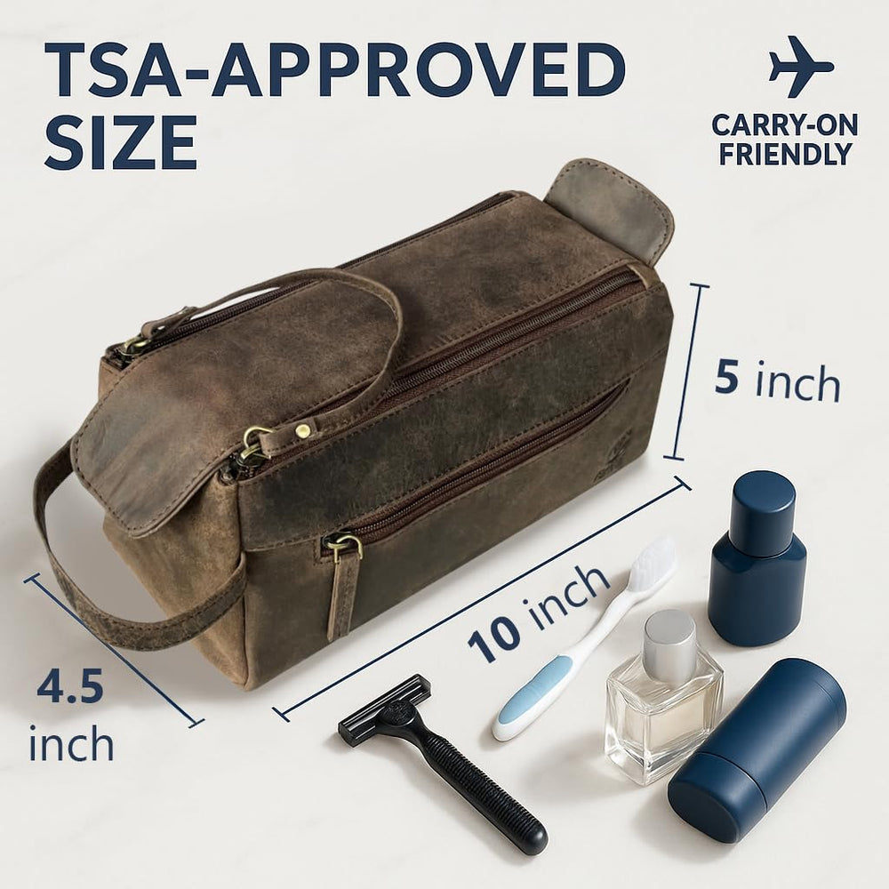 Rustic Town Buffalo Leather Toiletry Bag side pocket provides organized storage for grooming essentials.