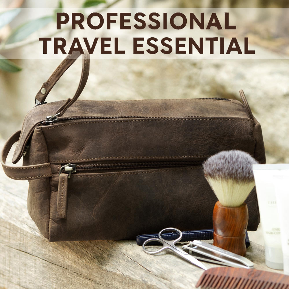 Rustic Town Buffalo Leather Toiletry Bag stitching detail underscores durability.