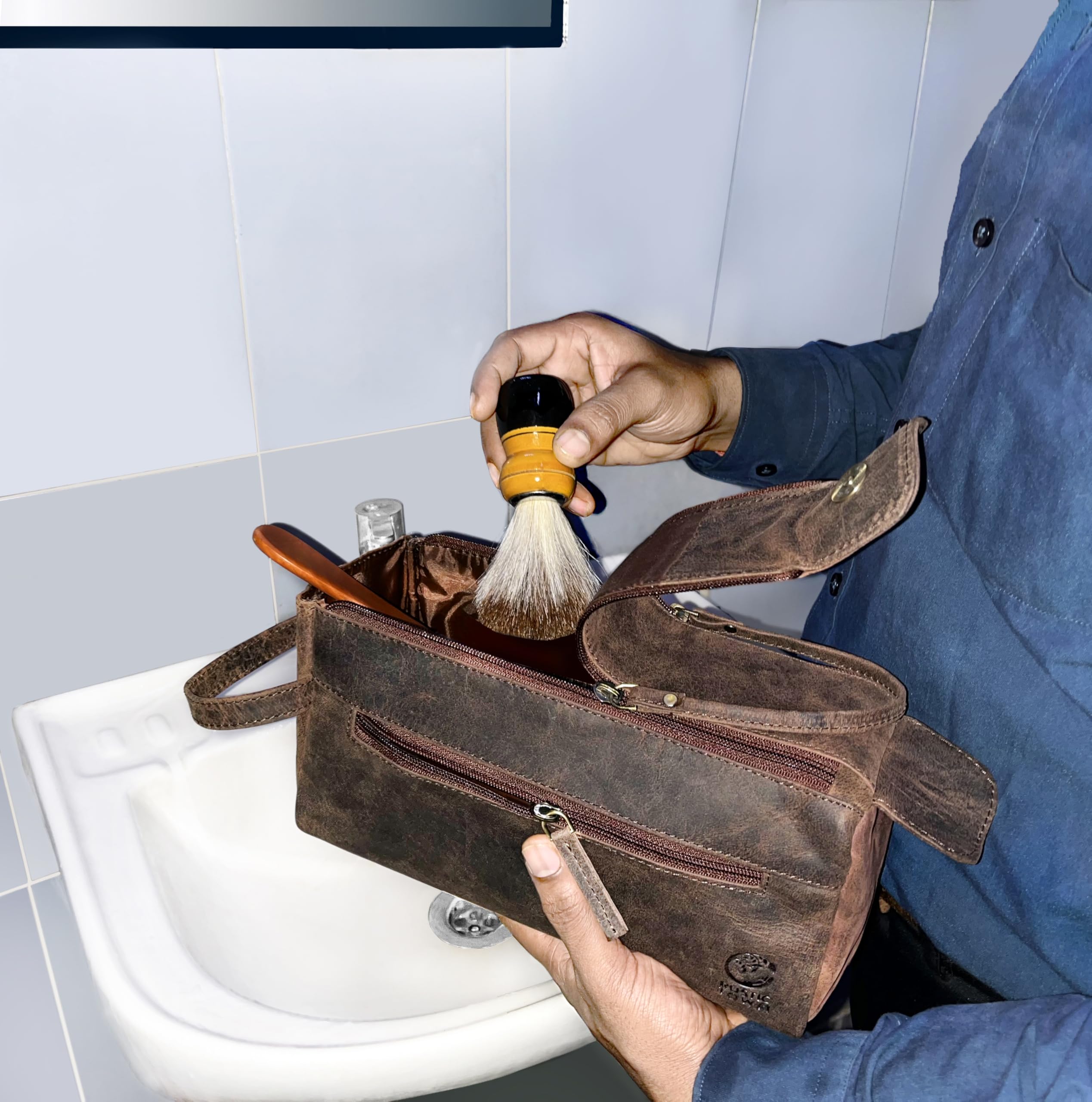 Rustic Town Buffalo Leather Toiletry Bag waterproof lining helps contain spills.