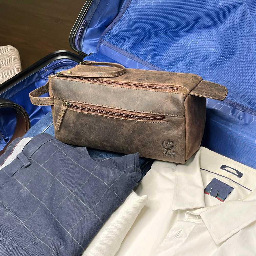 Rustic Town Buffalo Leather Toiletry Bag rugged YKK zippers ensure reliable performance.