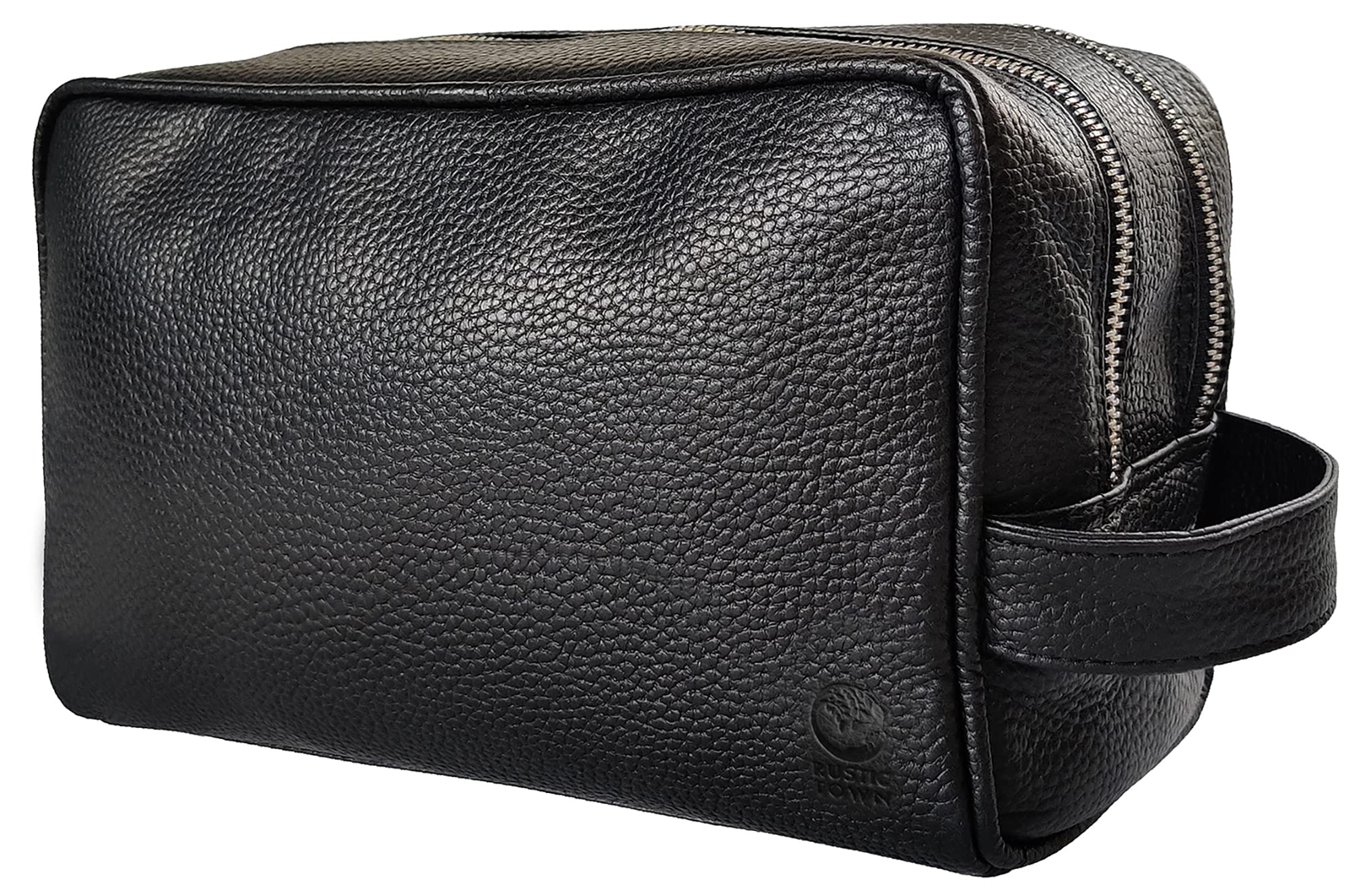 RUSTIC TOWN full-grain buffalo leather toiletry bag closed demonstrates durable organization on the go.