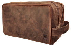 RUSTIC TOWN full-grain leather travel toiletry bag cover highlights durable exterior and patina development