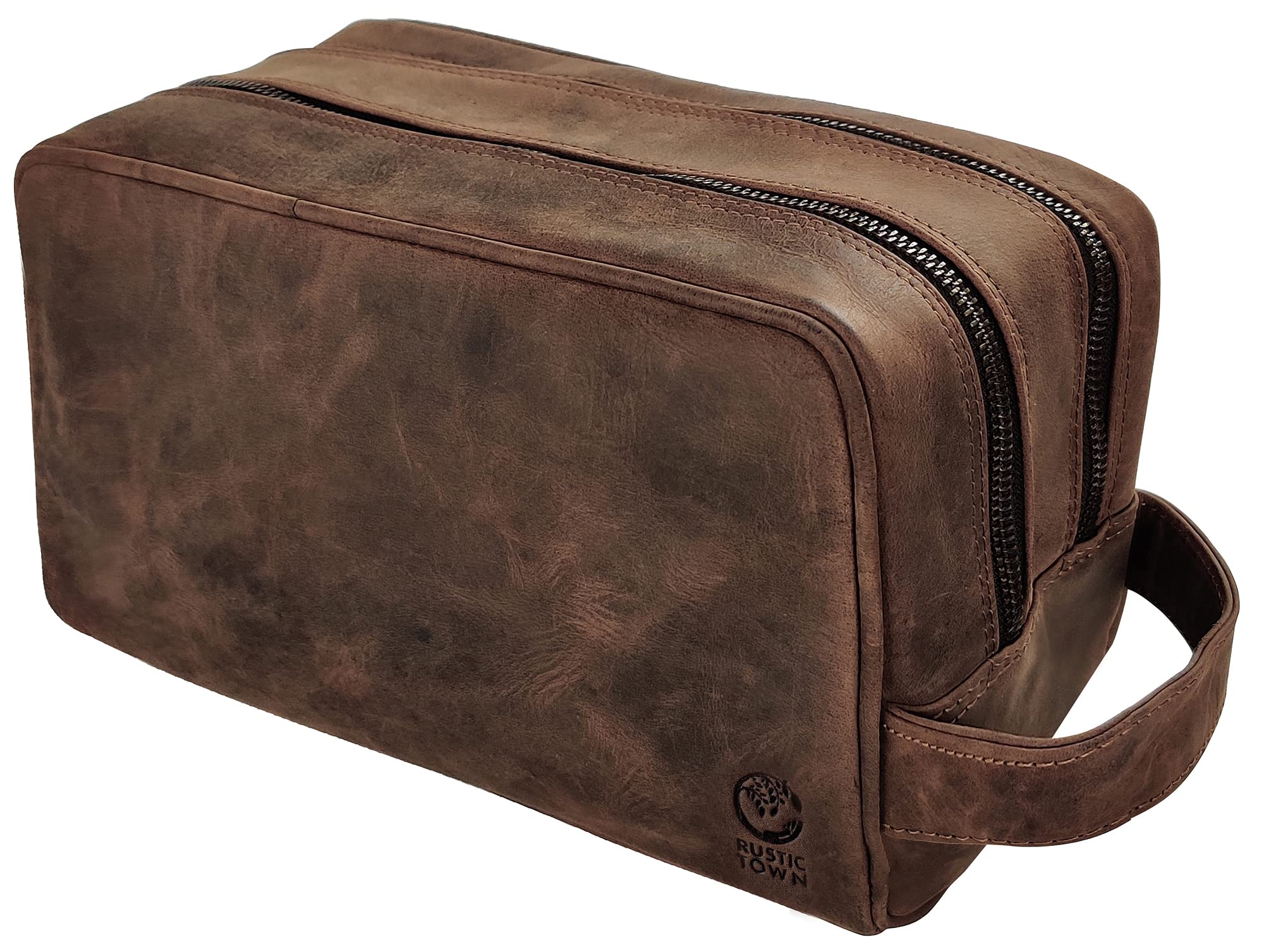RUSTIC TOWN full-grain leather travel toiletry bag open for organized packing