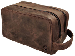 RUSTIC TOWN full-grain leather travel toiletry bag open for organized packing