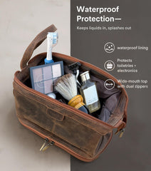 Rustic Town leather toiletry bag dimensions show compact, carry-on friendly size.