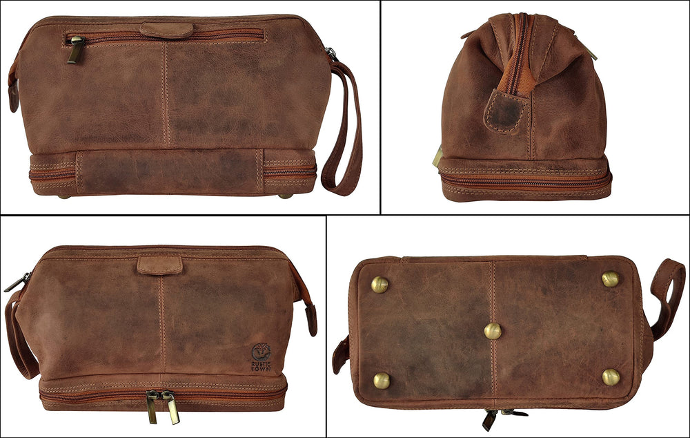 Rustic Town leather toiletry bag in use during commute or trip.