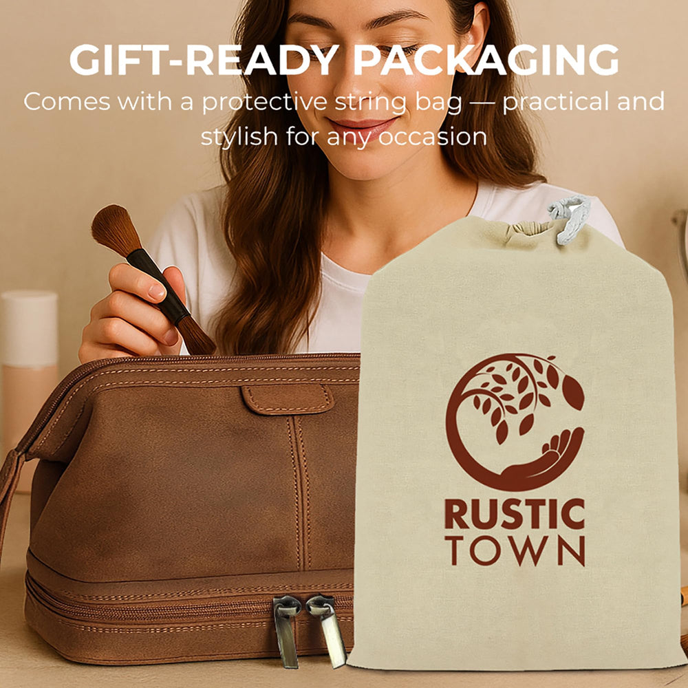 Rustic Town leather toiletry bag packed with travel essentials showcases versatility.