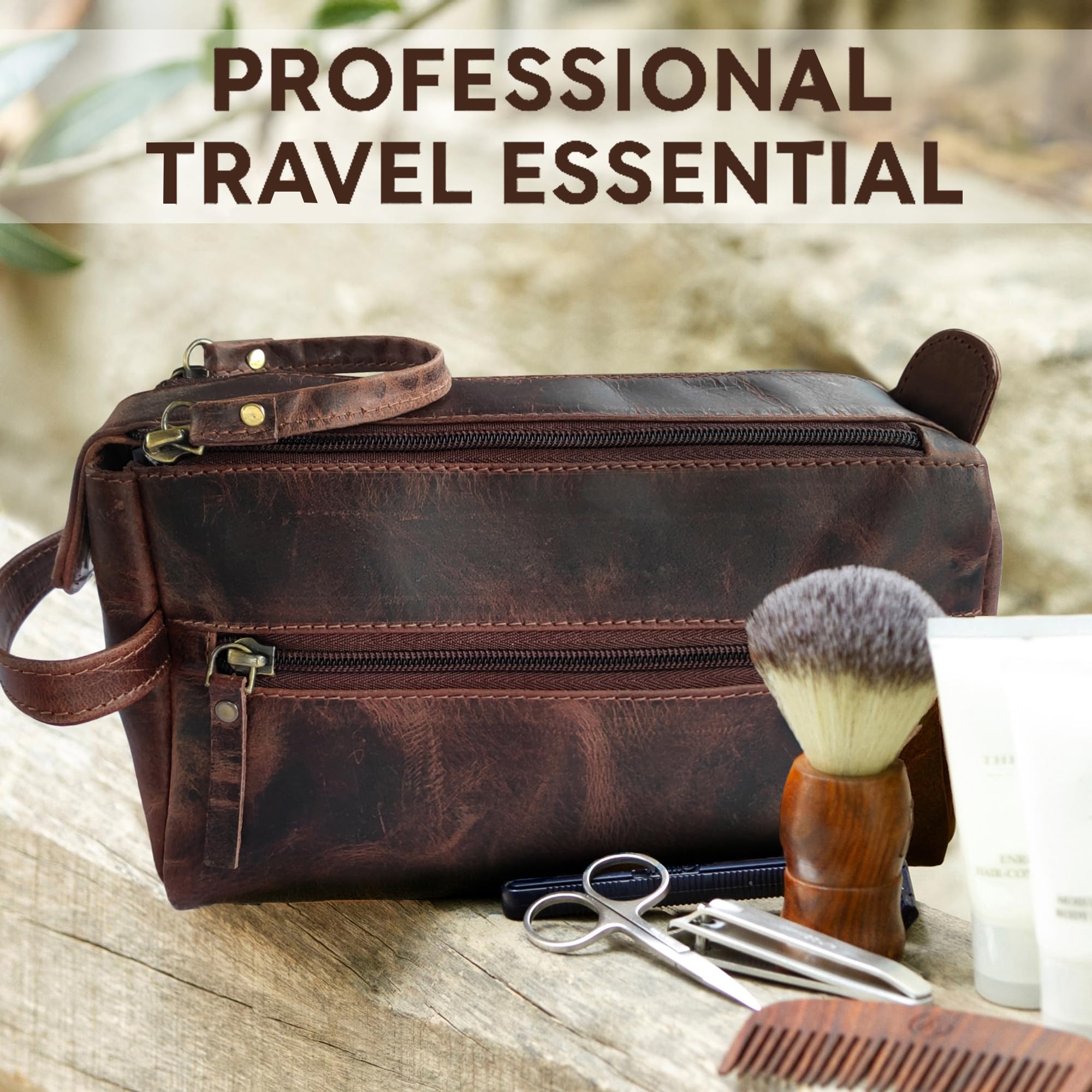 RUSTIC TOWN leather toiletry bag walnut brown compact design fits easily in carry-ons.