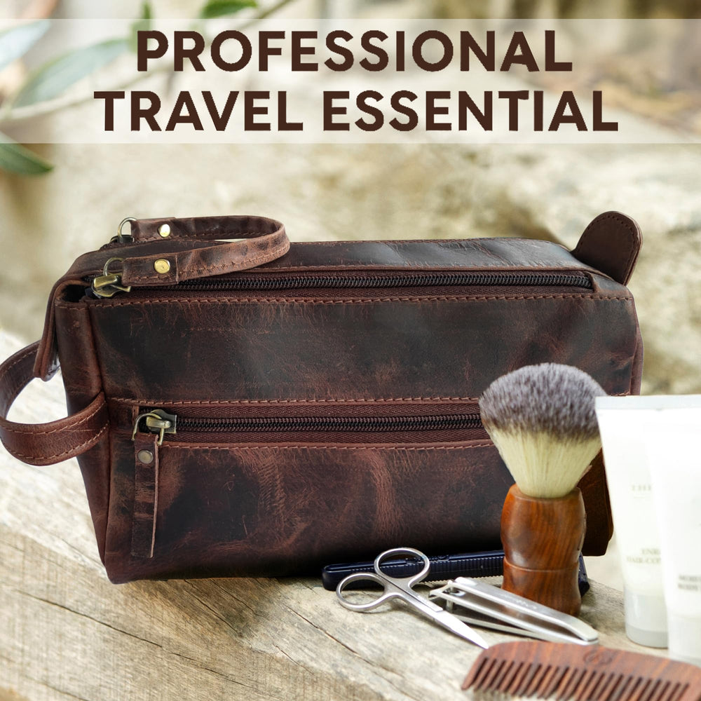 RUSTIC TOWN leather toiletry bag walnut brown compact design fits easily in carry-ons.