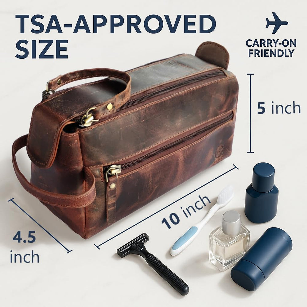 RUSTIC TOWN leather toiletry bag walnut brown side handle for easy luggage retrieval.