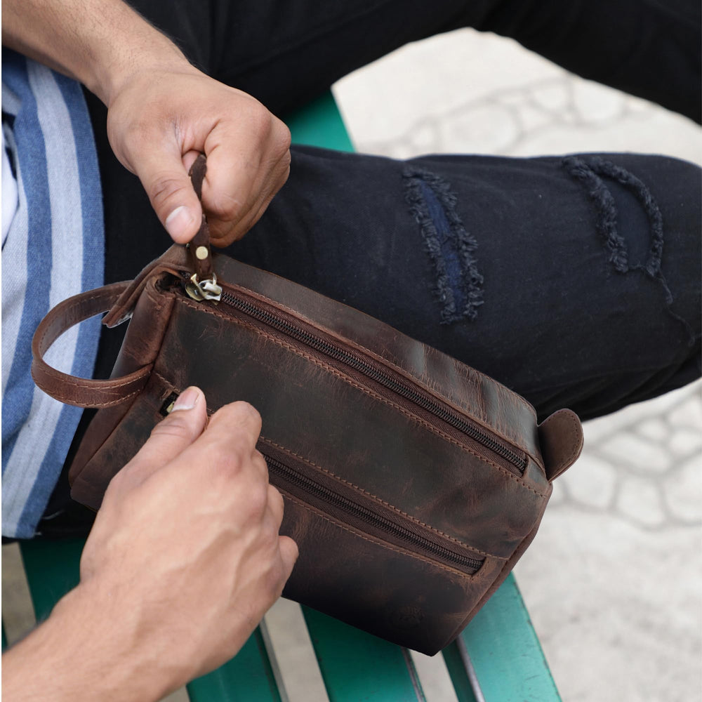 RUSTIC TOWN leather toiletry bag walnut brown eco-friendly craftsmanship supports artisans.