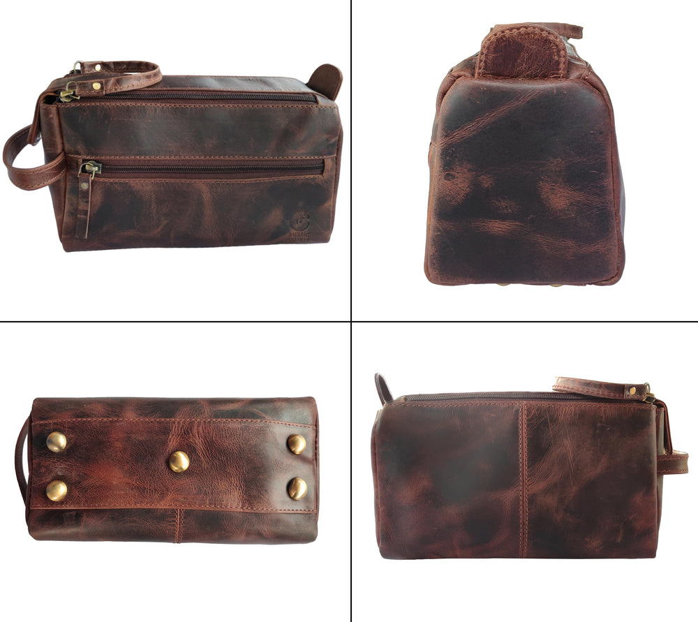 RUSTIC TOWN leather toiletry bag walnut brown waterproof lining protects contents from spills.