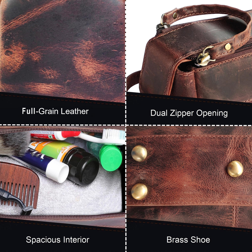 RUSTIC TOWN leather toiletry bag walnut brown zippered compartments for quick access to items.