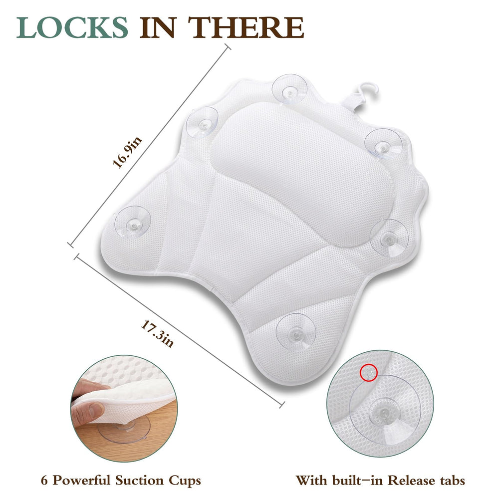 RUVINCE Bath Pillow uses 4D air mesh for breathable cushioning and quick-dry comfort.