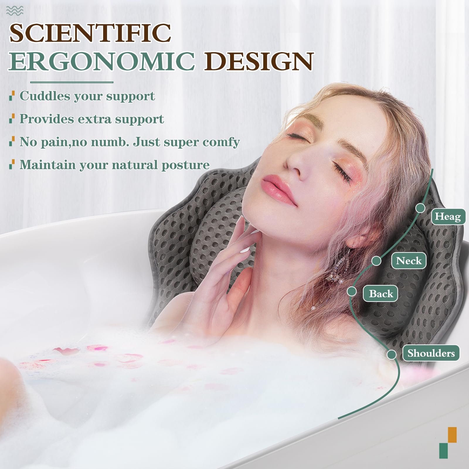 RUVINCE bath pillow with 4D air mesh improves breathability and quick-dry feel.