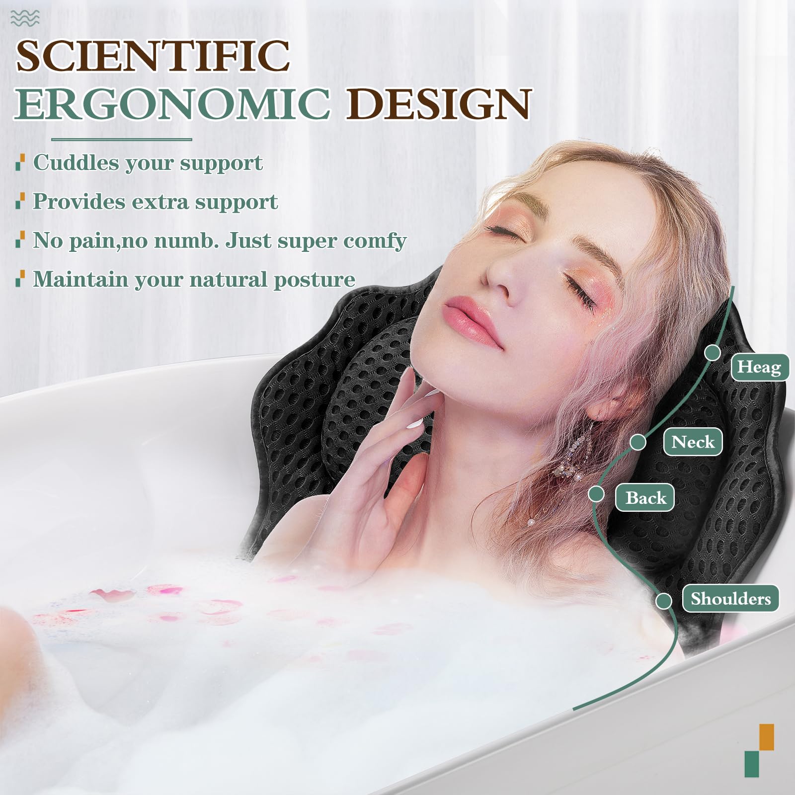 RUVINCE Bath Pillow with 6 suction cups stays secure in tub