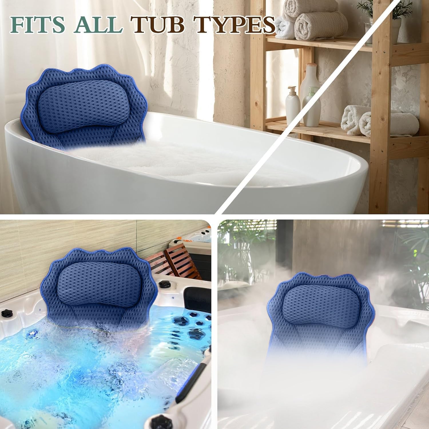 RUVINCE bath pillow in dark blue used in tub for spa-like comfort