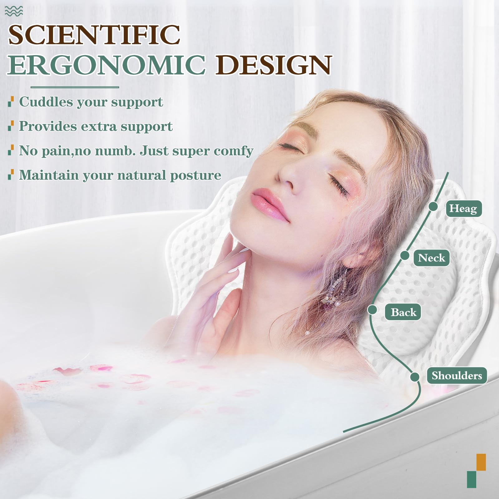 RUVINCE pillow with shoulder and back support enhances full-body comfort during baths.