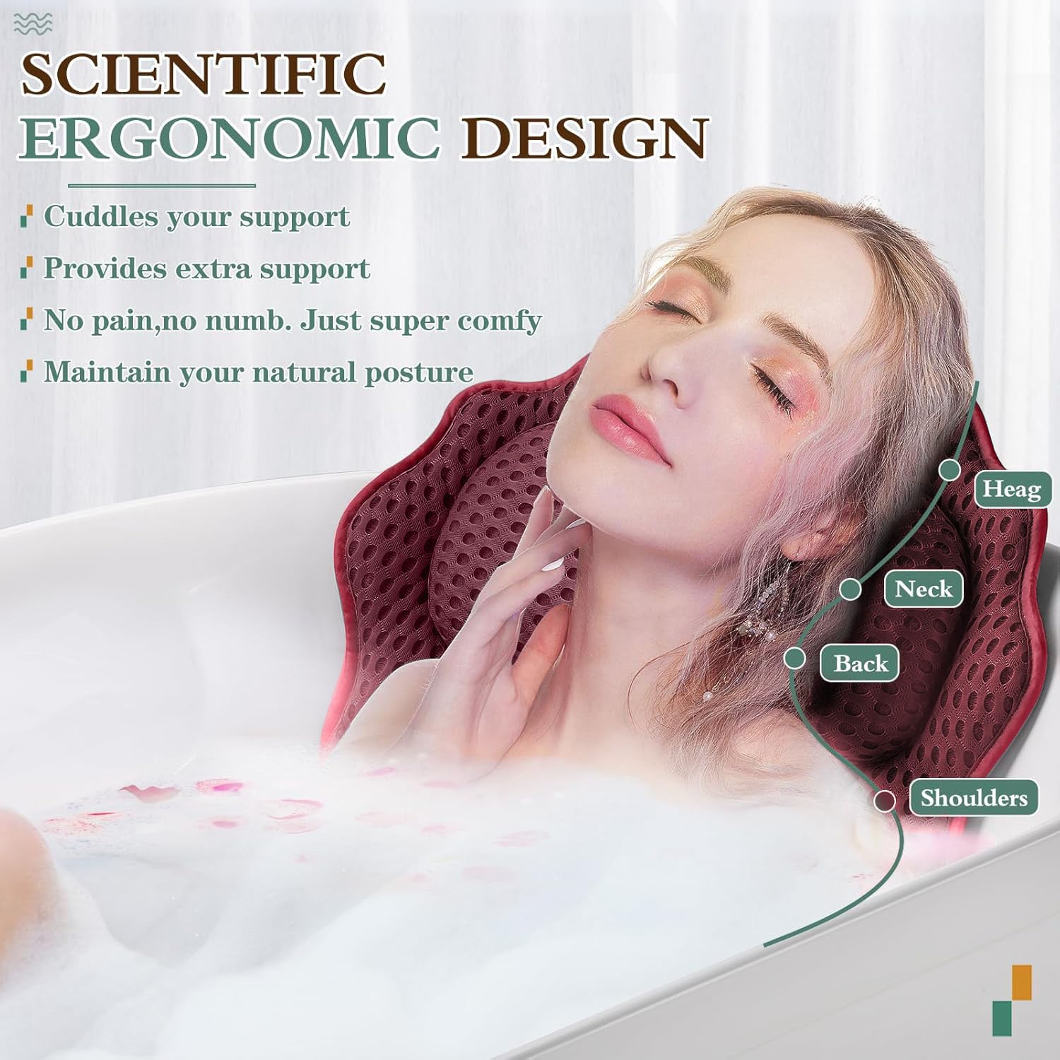 RUVINCE bath pillow with six suction cups prevents sliding.