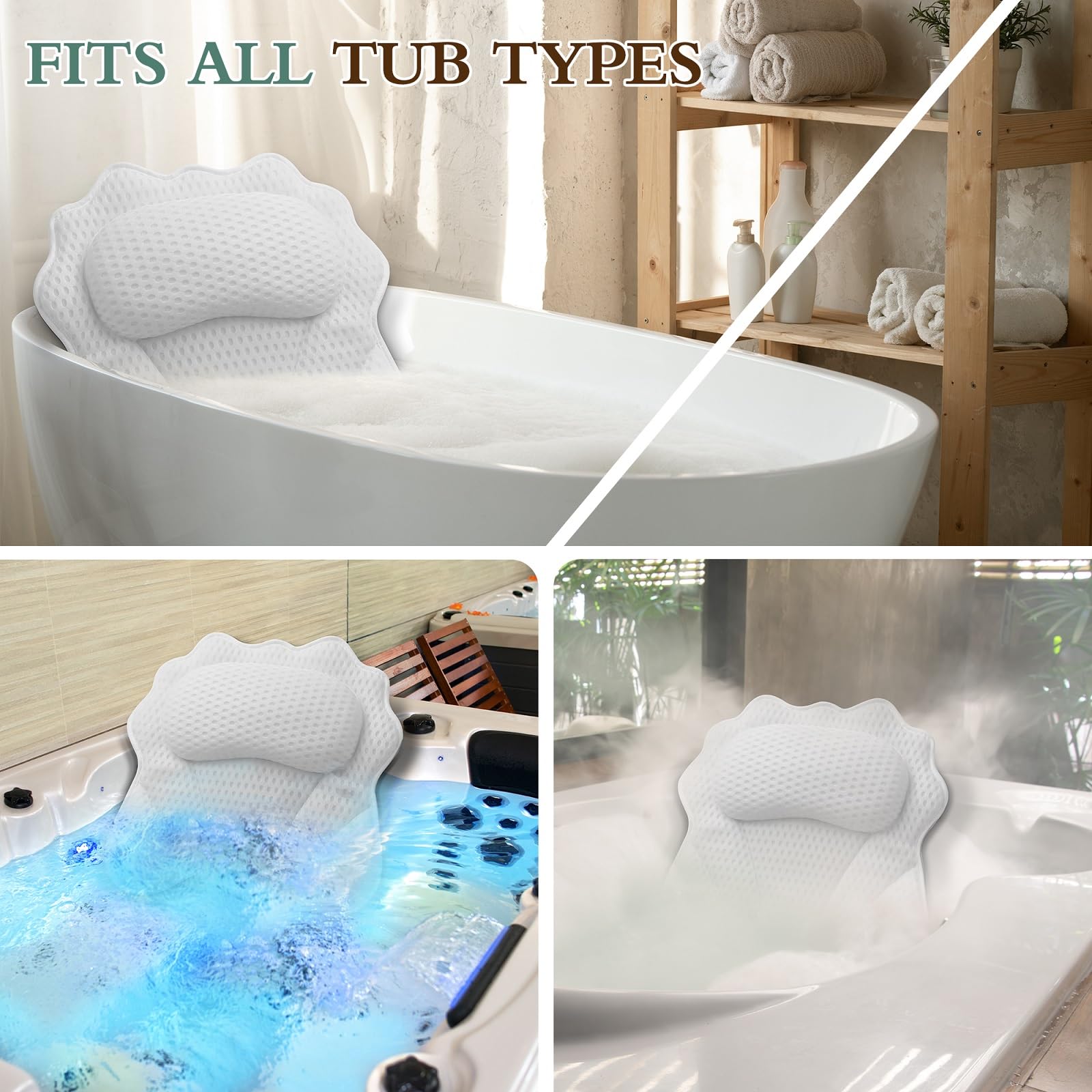 RUVINCE universal-fit bath pillow works with all tub sizes for flexible relaxation.