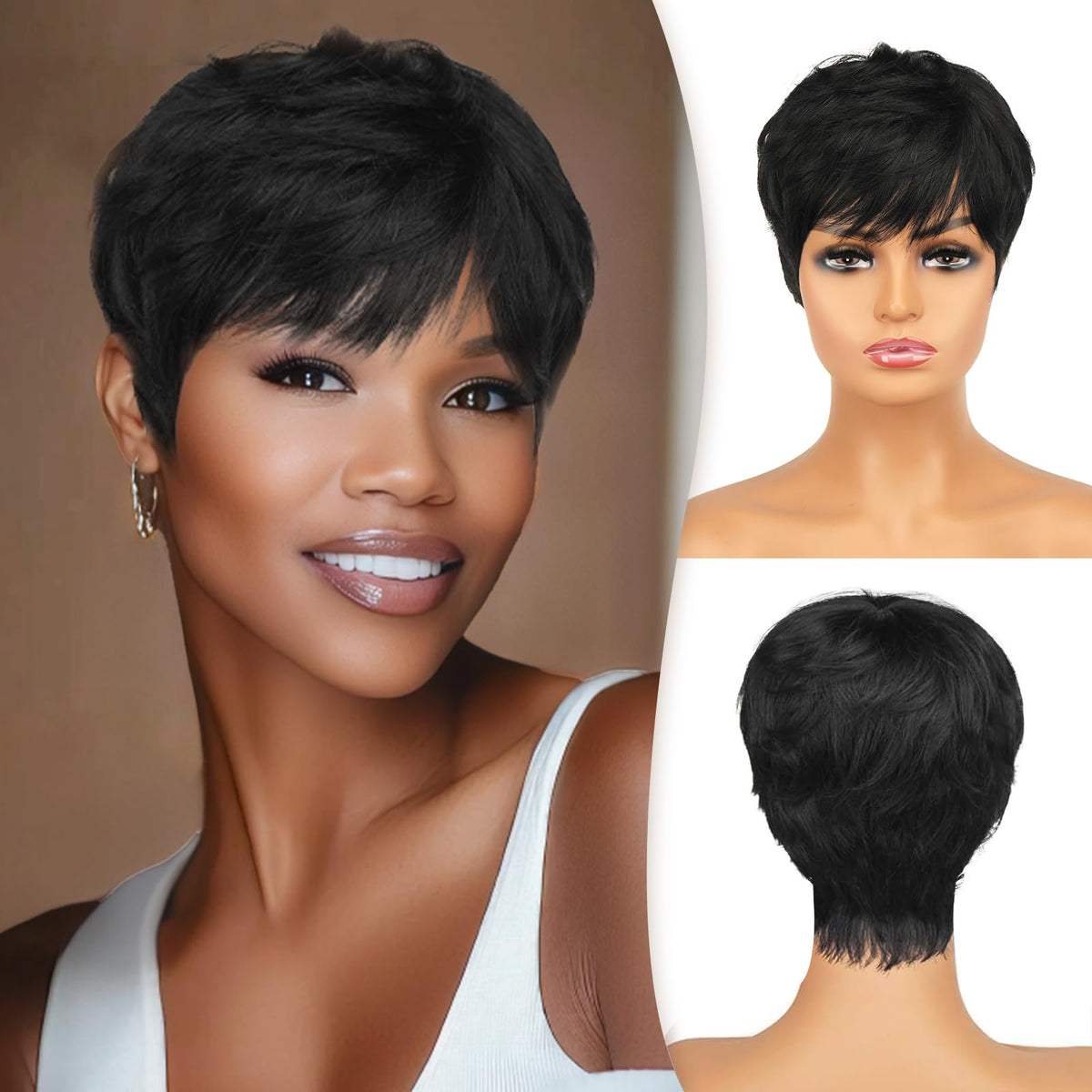 RUWISS pixie cut wig with bangs close-up shows natural layered texture for daily wear.