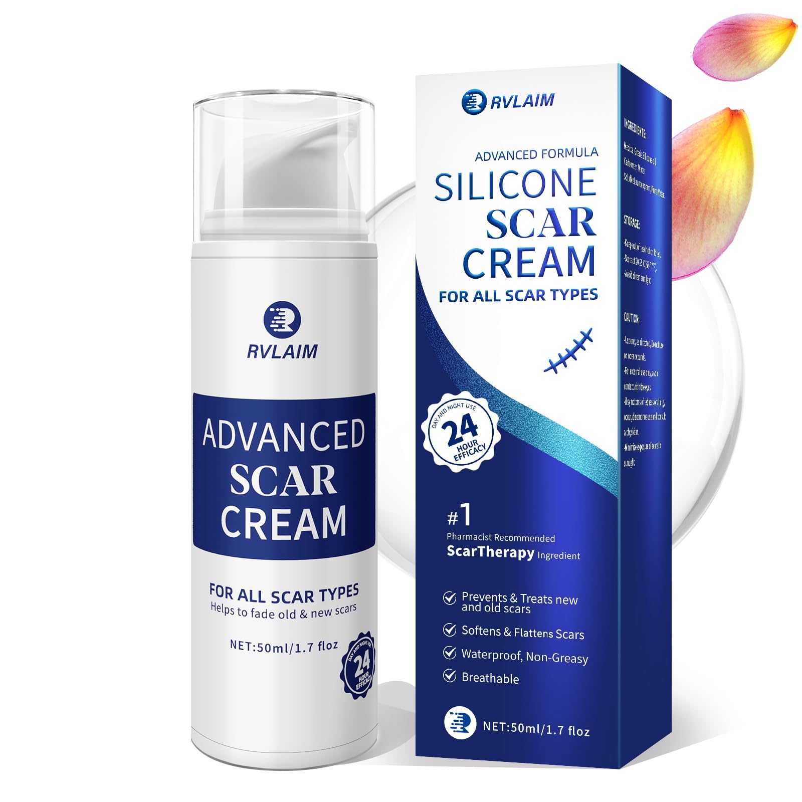 Rvlaim scar cream packaging showcases a sleek 1.7 oz tube for easy bedside use