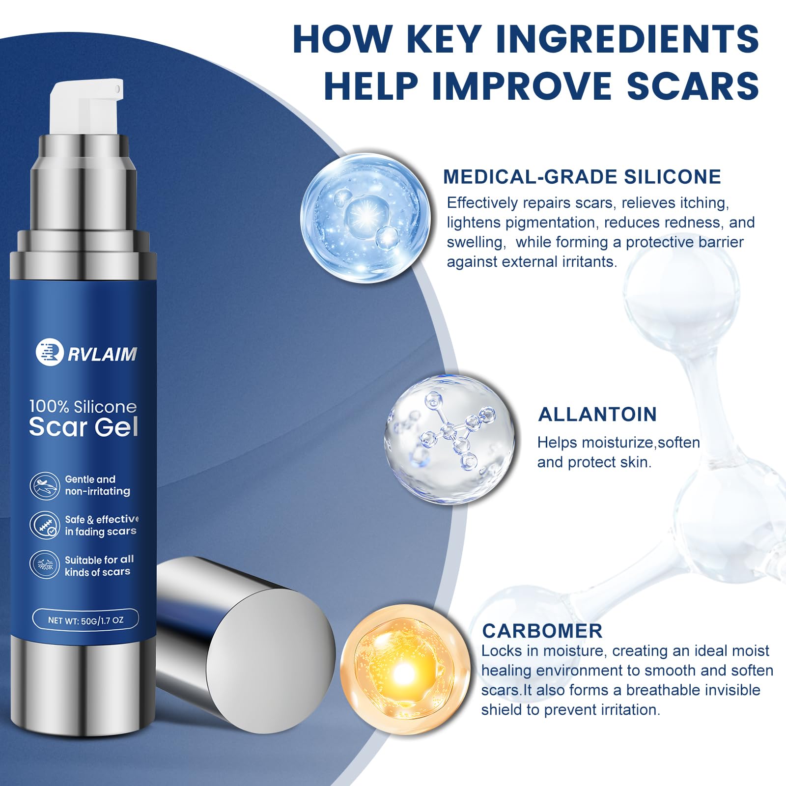 Ingredients of Rvlaim Scar Gel, highlighting its powerful formulation.