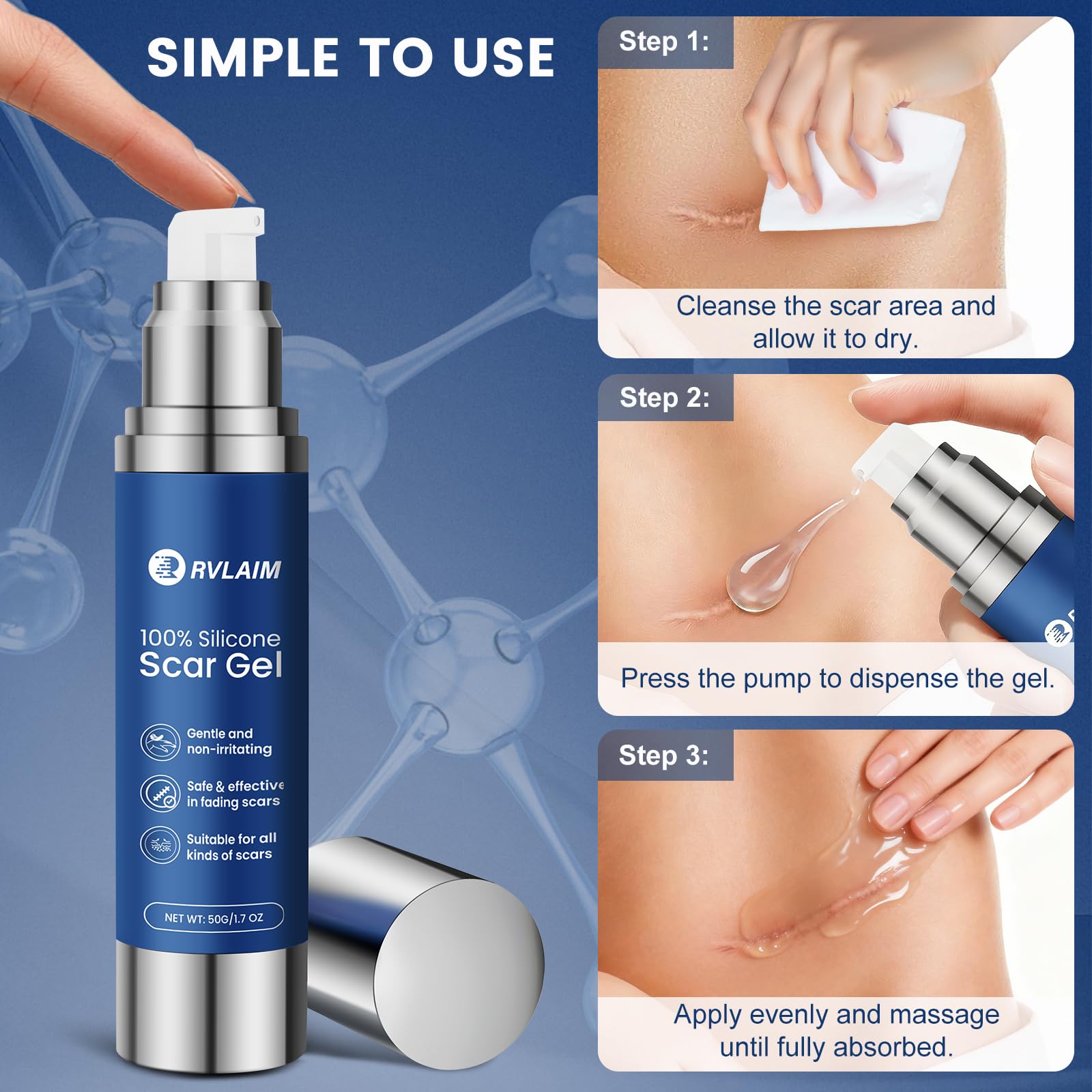 Non-greasy texture of Rvlaim Scar Gel, ensuring comfort through all-day wear.