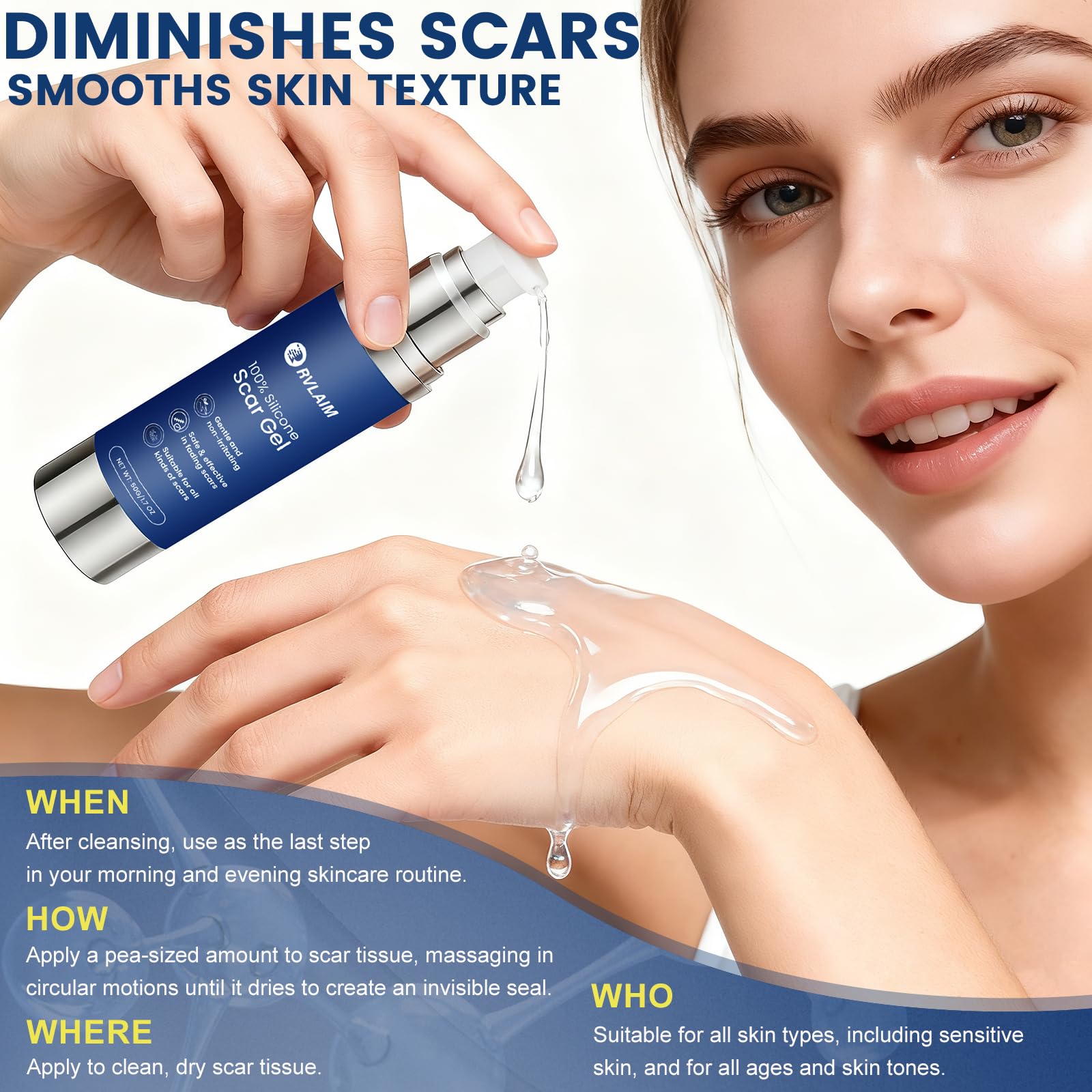 Skin benefits of Rvlaim Scar Gel, supporting revitalization and improvement.