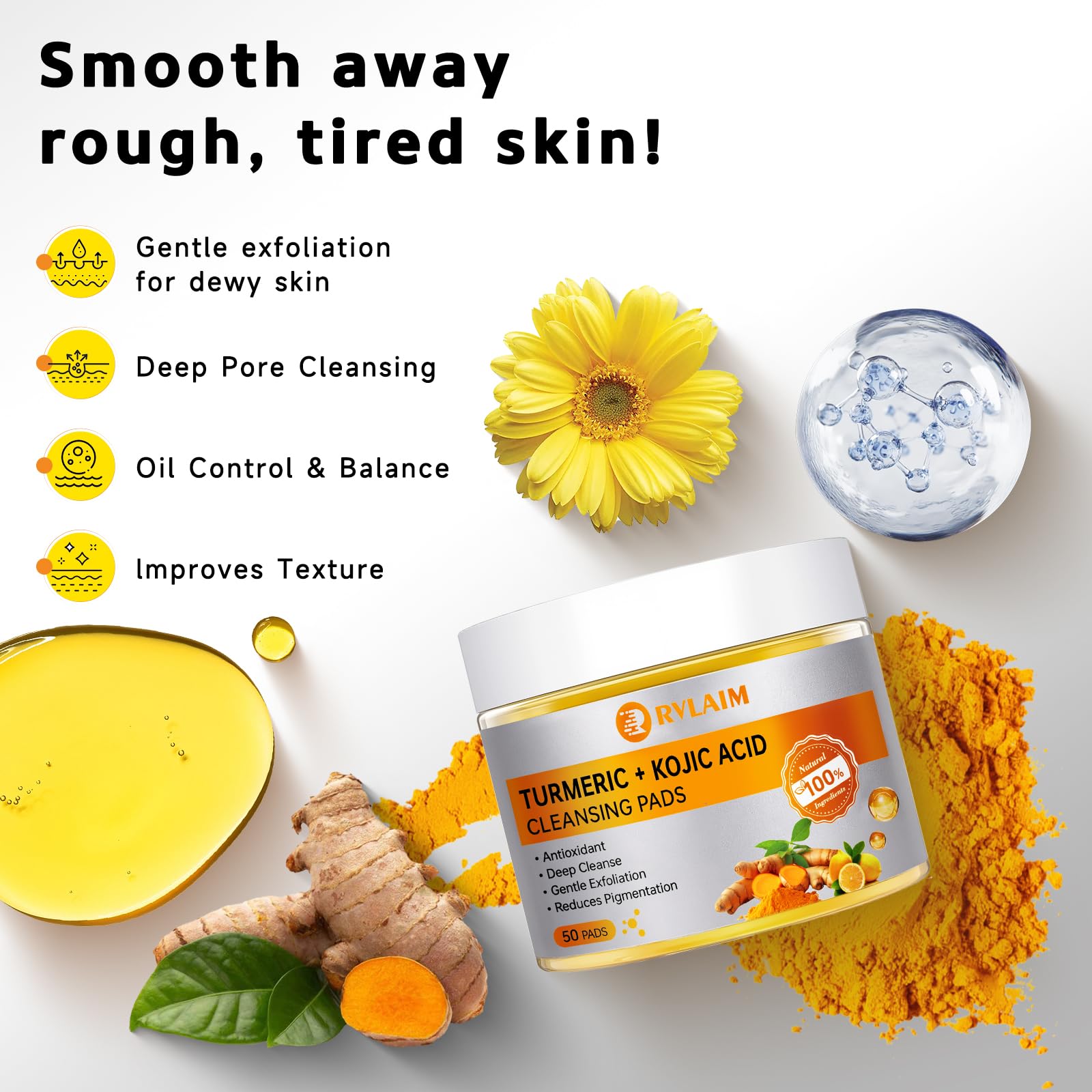 Rvlaim turmeric kojic cleansing pads jar with natural ingredients label