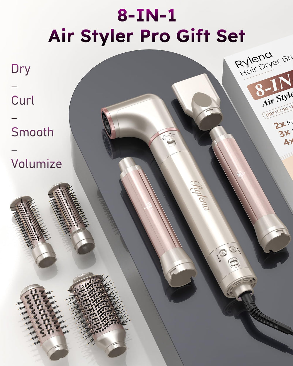 Rylena Deluxe 8-in-1 air styler pro 600M ionic care reduces frizz.
