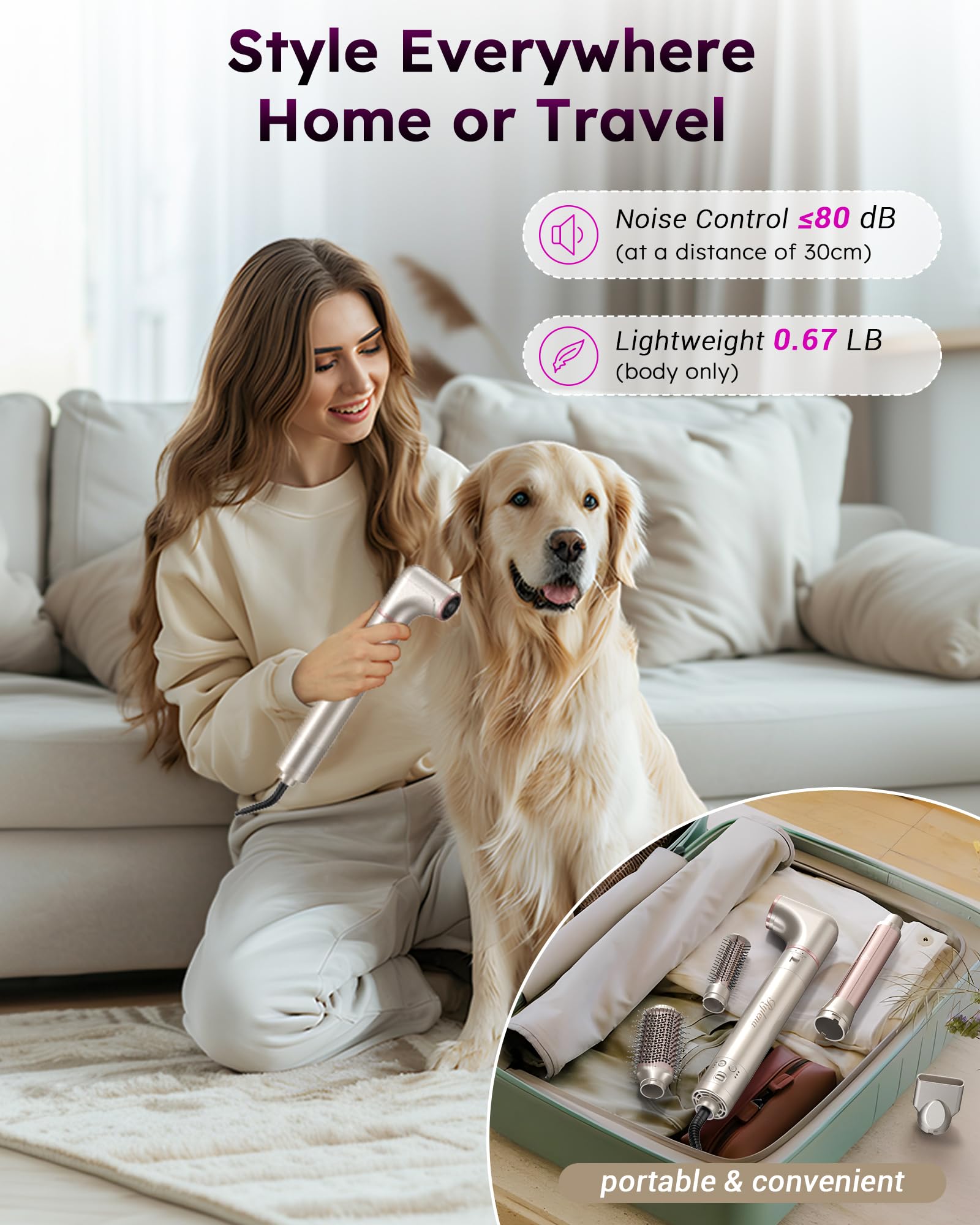Rylena Deluxe 8-in-1 air styler pro whisper-quiet operation under 80dB.