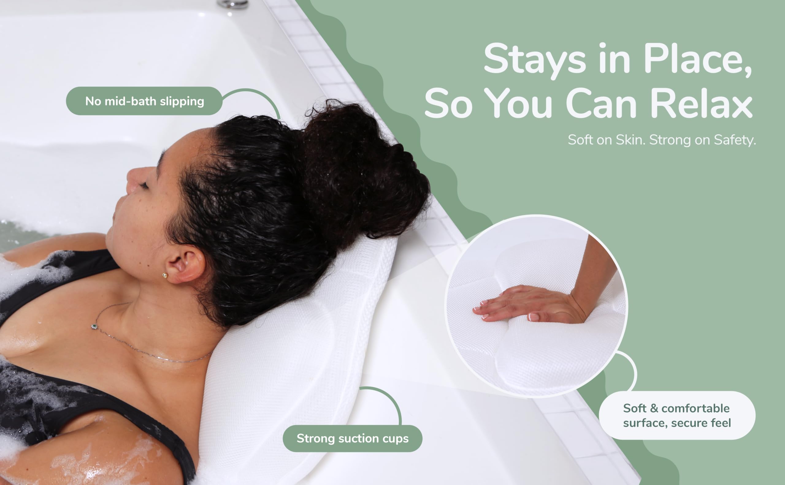 Rylor 4D air mesh close-up highlights quick-dry, breathable cushion for baths.