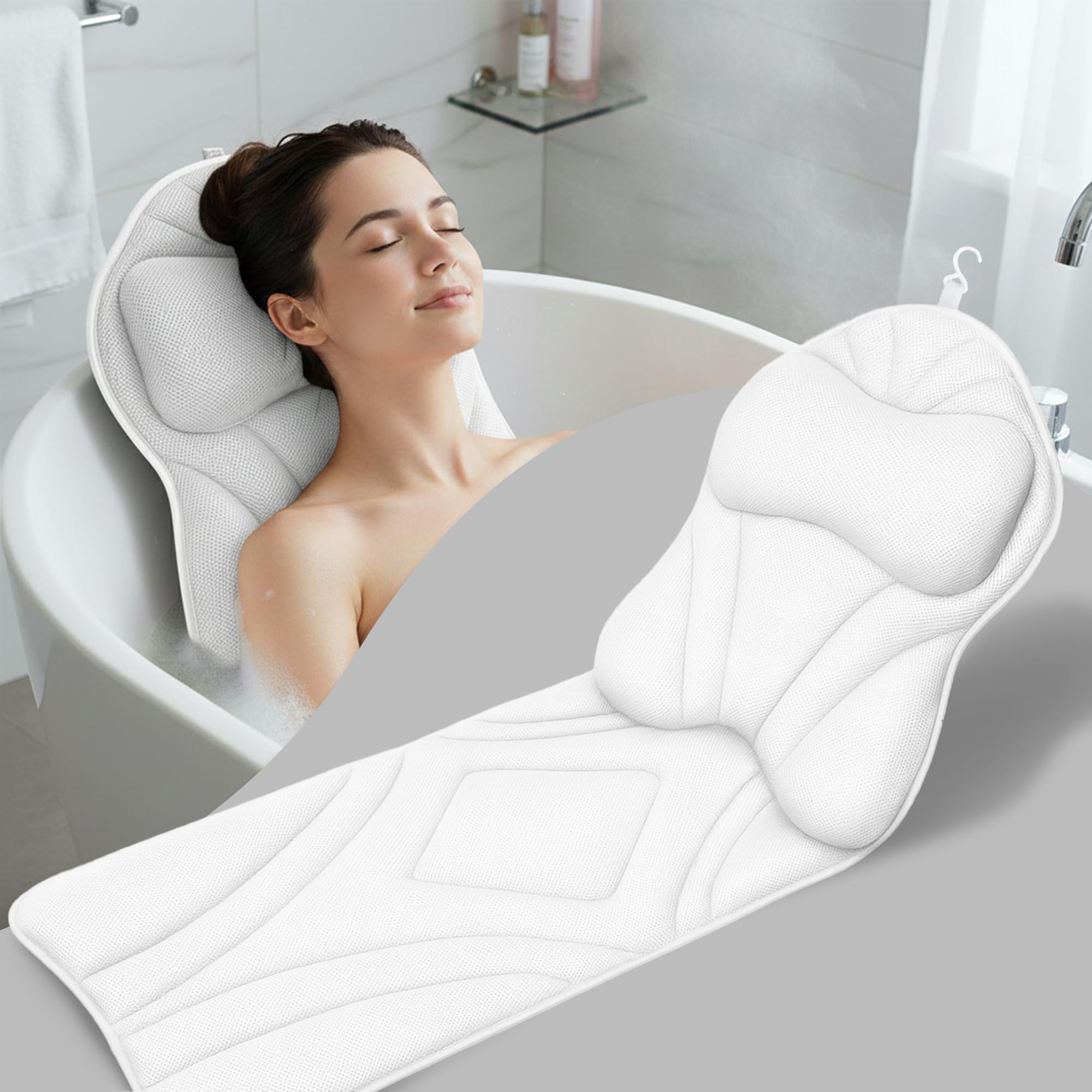 Rylor full-body bath pillow close-up shows plush neck support for relaxing soaks.