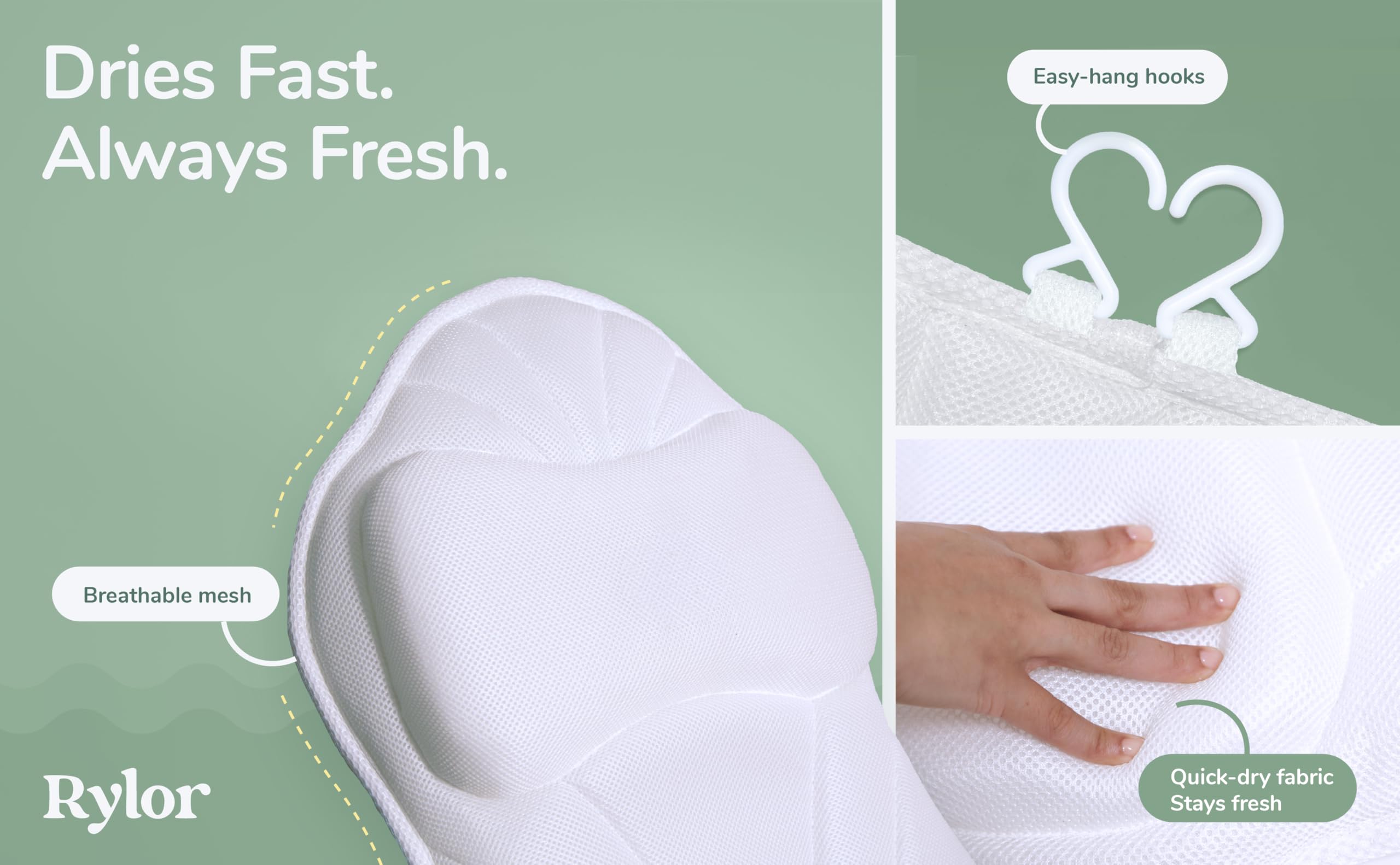 Rylor neck pillow detail emphasizes comfortable head cradle during soaks.