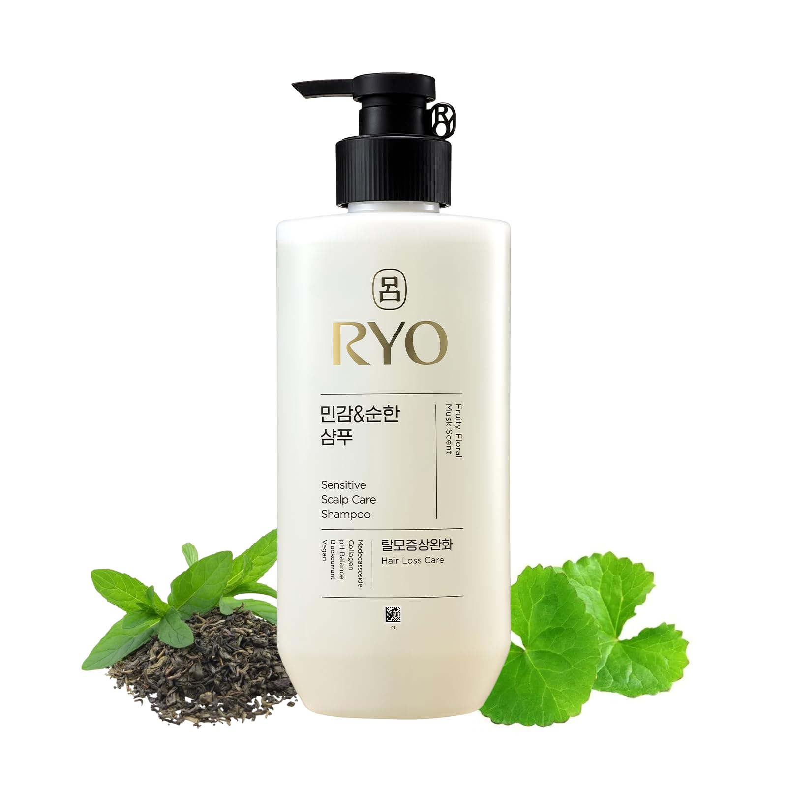 Ryo Sensitive Scalp Shampoo bottle close-up, soothing formula may relieve itch and nourish hair.