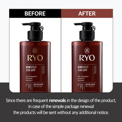 Ryo Strengthen & Volume Shampoo bottle side showing anti loss care ingredients